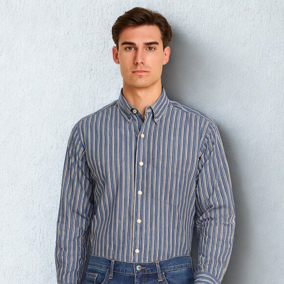 Nautica Blue cream stiped Cotton Long Sleeve  Button Down L - Picture 1 of 6